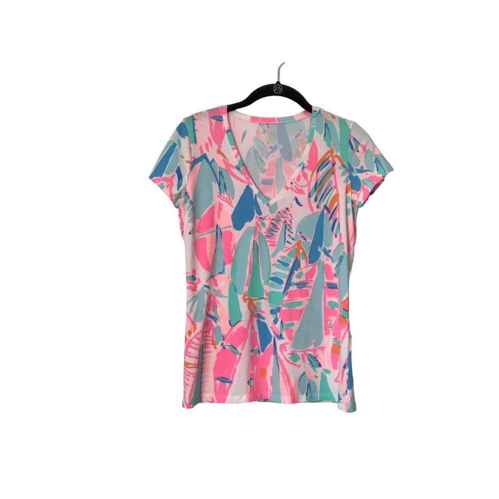 Lilly Pulitzer Top XS Michele Out To Sea Sailboat‎ Tee Pink Blue Cotton Stretch